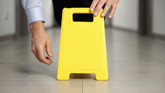 Businessperson placing bright yellow wet floor caution sign on polished tile floor in office hallway with soft natural