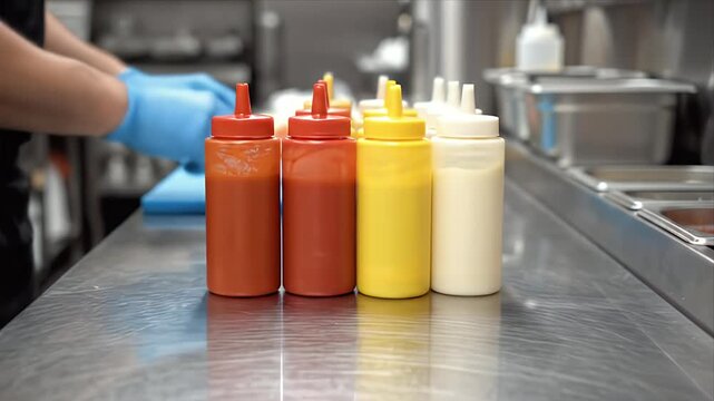 Blue gloved hands arrange red ketchup and yellow mustard squeeze bottles on a stainless steel kitchen counter