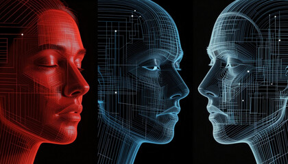 Obraz premium Three futuristic faces overlaid with glowing circuitry grids exploring AI consciousness