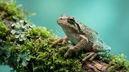 Fototapeta premium Nature’s Serene Moment: A Frozen Frog on Mossy Branch