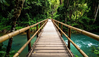 Obraz premium A scenic wooden bridge creates a natural pathway through the lush green trees of the forest landscape, offering a peaceful hiking trail and boardwalk over the water