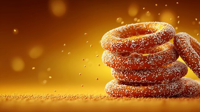 Stack of golden fried sugared dough rings with magical warm lighting particles.

