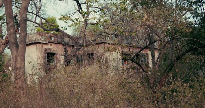 Dilapidated Old House Covered in Trash and Wild Shrubs. The deserted property stands silent with cracked walls and a creepy, unsettling look.