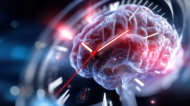 Human Brain with Clock Illustrates Time and Mental Process Concept