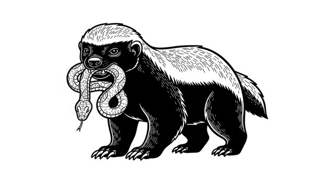 Honey badger ratel with snake in mouth animal sketch engraving vector illustration. T-shirt apparel print design. Scratch board imitation.