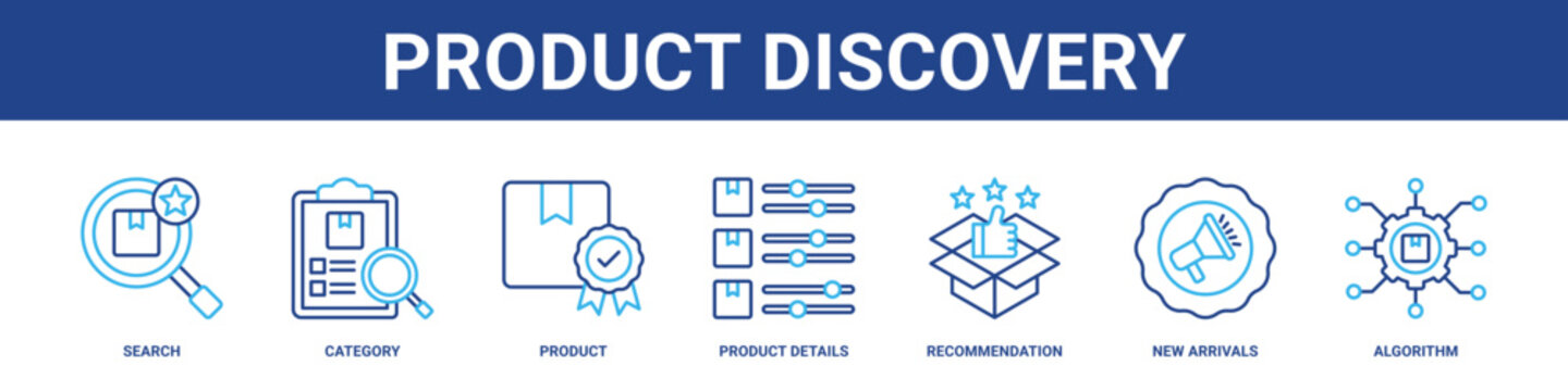 Product Discovery web banner icon set collection solid style.