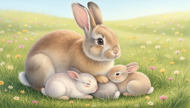 A cute fluffy white domestic bunny sits on the lush green spring grass, showcasing its soft fur and long ears in a peaceful outdoor farm setting