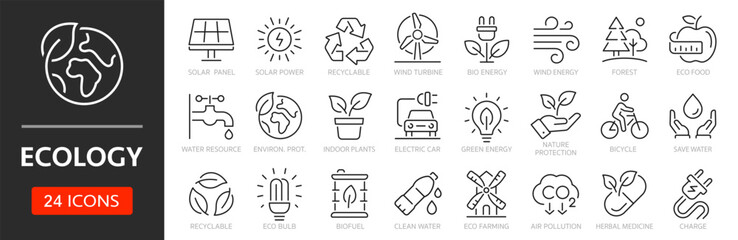 Ecology line icon set. Recycle, solar power, eco, nature, eco farming, green, environment, bio energy, clear water - stock vector. © Comauthor