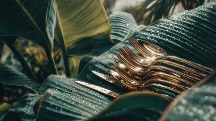 Shiny golden cutlery rests atop large, dew-covered tropical foliage.