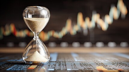 Glass hourglass containing sand rests upon a surface displaying a fluctuating market graph in the background