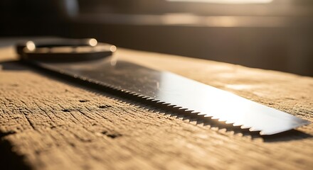 Close-up of a hand saw resting on a weathered wooden surface, bathed in warm sunlight
