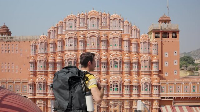Slow Motion Backpacker Rooftop Hawa Mahal, Jaipur Pink City View, Cinematic Travel Discovery Rajasthan India