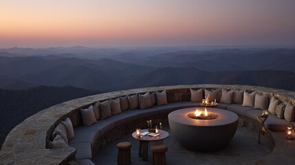 Luxurious outdoor lounge area features a circular fire pit overlooking a vast mountain range at twilight