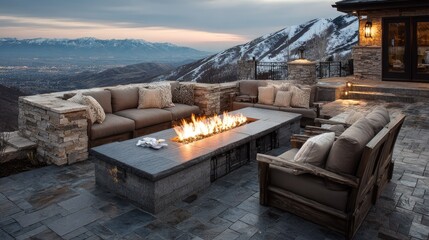 Luxurious outdoor living space features a long fire pit table overlooking a vast, snowy mountain vista at dusk