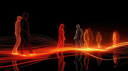 Stylized human figures travel along paths defined by brilliant glowing energy streams in darkness