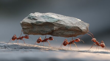 Four determined insects work together to lift a substantial piece of rough stone.