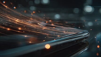 Digital energy streams flow rapidly from the curved edge of a modern communication device