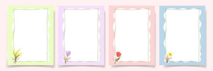 Children chalk drawing style spring frame templates with pastel crayon texture. Cute floral border with copy space for poster and greeting card design. © loli