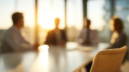Business professionals meeting in office with blurred background, collaborating and planning during sunset light