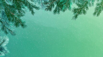 Evergreen branches frame a gently falling snow scene with a teal gradient background