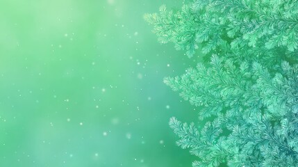 Frost covered pine branches frame a soft, bright green background with falling snow effect