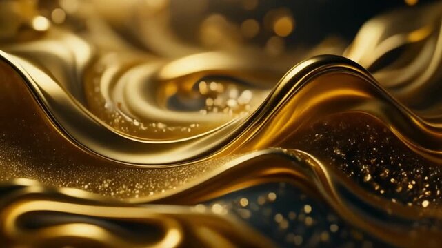 Abstract flowing liquid gold with shimmering particles and waves