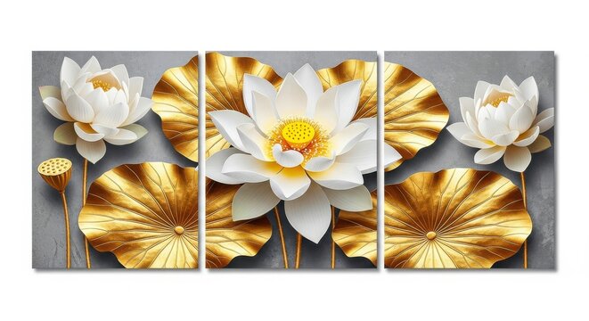 Golden lotus flowers and leaves on gray textured background triptych art beautiful zen decor wall hanging illustration