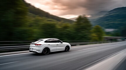 Fototapeta premium SUV drives on a highway surrounded by mountains with sunlight shining through. The scene shows motion with clear space for text.