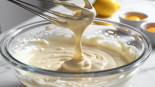 Close up of hand whisking creamy sauce in glass bowl with fresh lemons