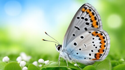 A butterfly moves above a white flower meadow with blurred nature in the background on a sunny day in spring