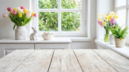 Wooden table with Easter decorations in the background.
