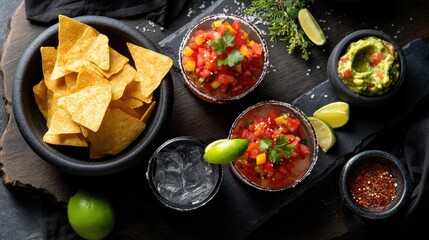 Bright arrangement of tortilla chips, guacamole, pico de gallo, and margaritas with spices and lime spread across a dark surface