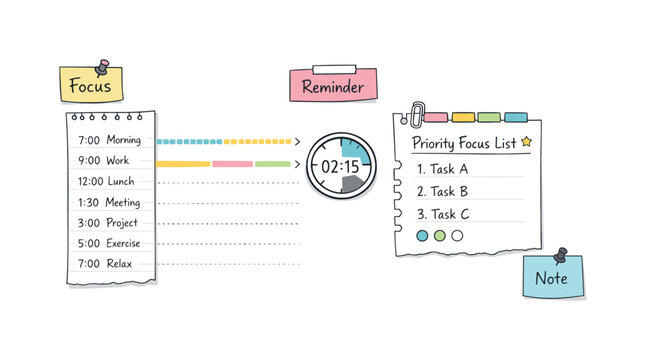 Daily schedule timeline with time blocks, timer and notebook page scraps, sticky notes and progress dots for Priority focus list