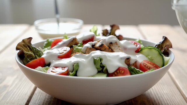 Fresh salad preparation with dressing pouring close up for culinary concept