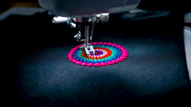 Embroidery machine stitching colorful circular pattern on dark fabric with precision needle and vibrant thread detail