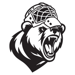 Aggressive black and white illustration of a bear wearing a hockey goalie mask isolated on transparent background