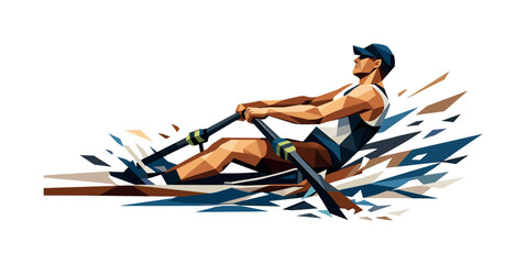 Low-poly vector illustration of a rower driving through a powerful stroke, full-body athlete with sharply faceted anatomy and