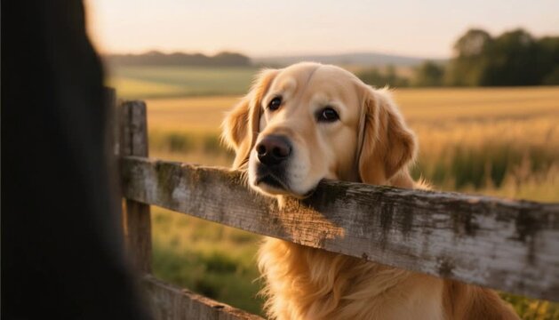 Golden retriever dog waiting at fenced gate in sunset field  
