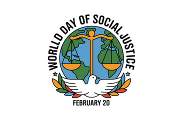Obraz premium Day of Social Justice emblem with balanced scales globe and Day of Social Justice day white dove with olive branch