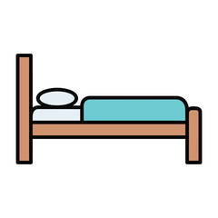 A simple illustration of a wooden bed with a turquoise mattress and pillows