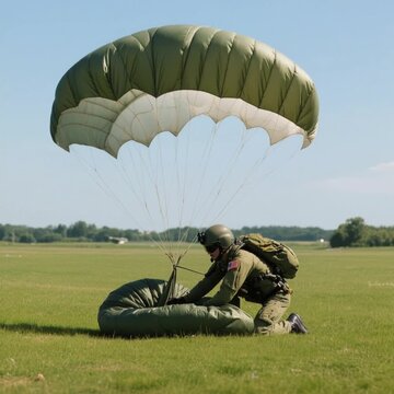 Paratrooper folding parachute after jump on green field  