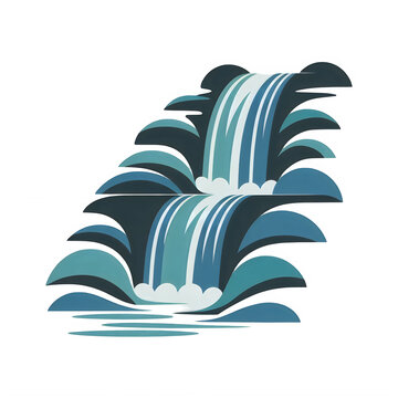 Beautiful stylized waterfall cascades down multiple levels with serene blue water.