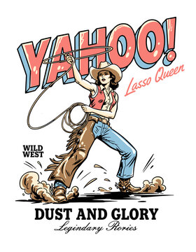 Retro Western cowgirl lasso queen vector illustration with 'Yahoo!' text, vintage graphic style for t-shirt and apparel design.