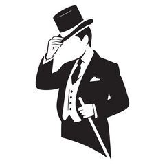 Vintage Style Illustration Of Man In Suit Tipping Bowler Hat With Confident Gesture