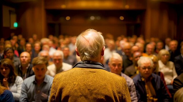Rear view of elderly speaker addressing seated audience in conference hall during formal public lecture event