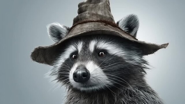 A raccoon with a brown hat stares pensively against a blurred background