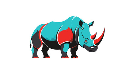 Stylized illustration of a rhinoceros in bold colors on white background © Stok