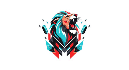 Stylized lion roaring with geometric elements on white background