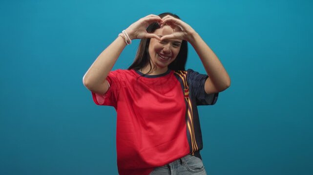 Woman forms heart with hands while wearing a spanish soccer jersey in studio, smiling and pointing palms toward chest; team pride joy.