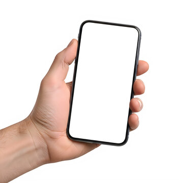 A person holding a smartphone with a blank screen in their right hand